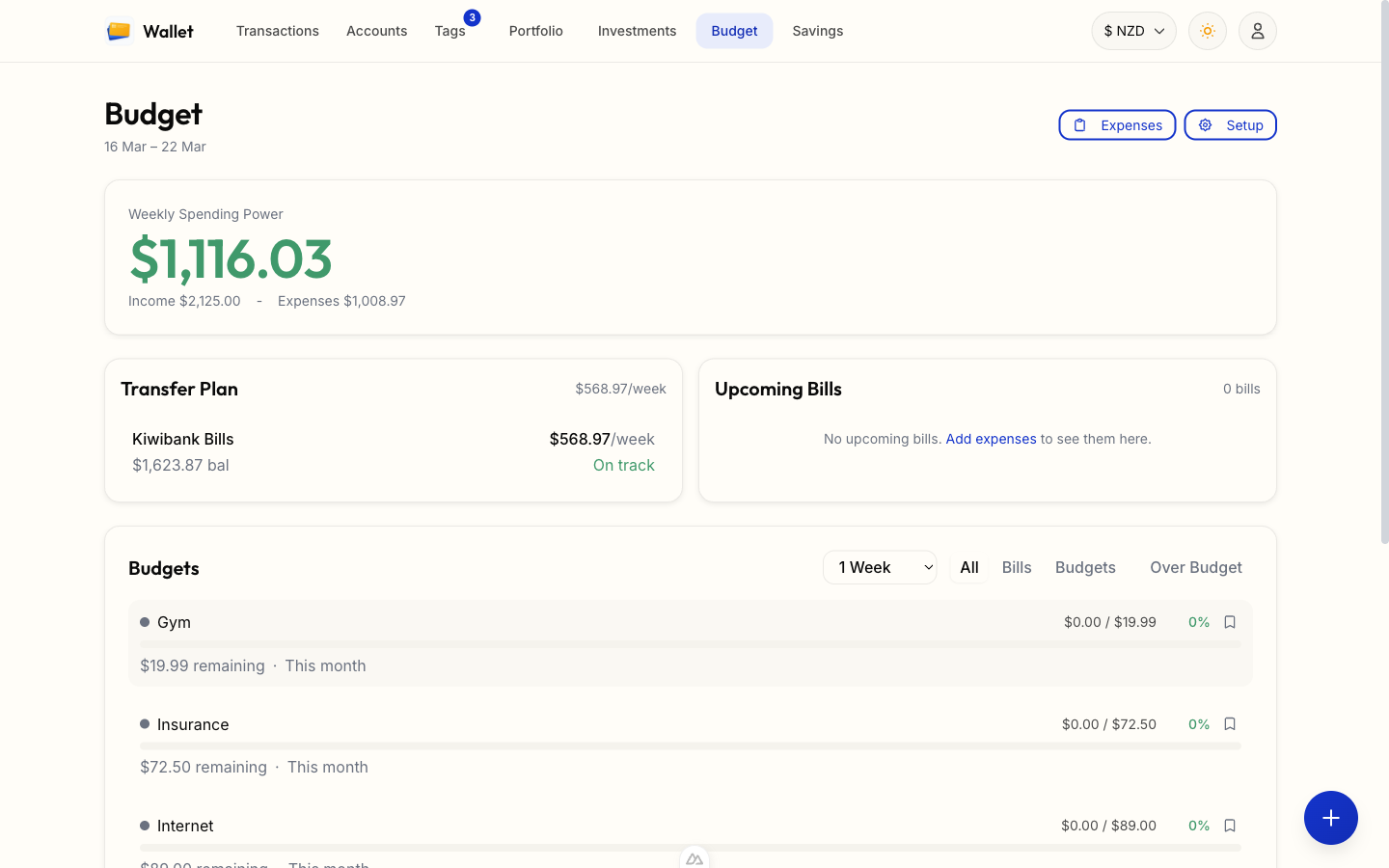 Budget view with weekly spending power, transfer plan, and category tracking