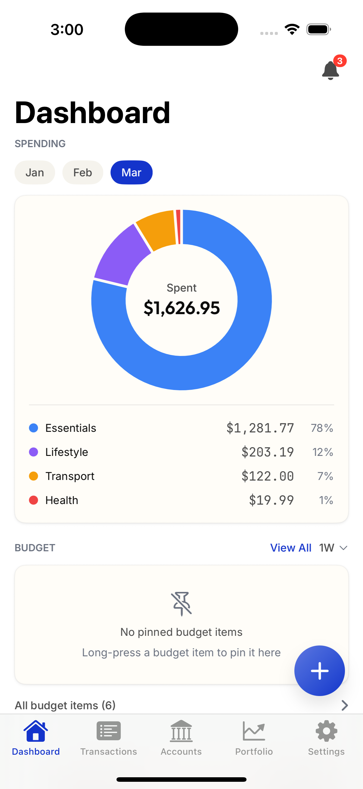 Dashboard on iOS with spending categories