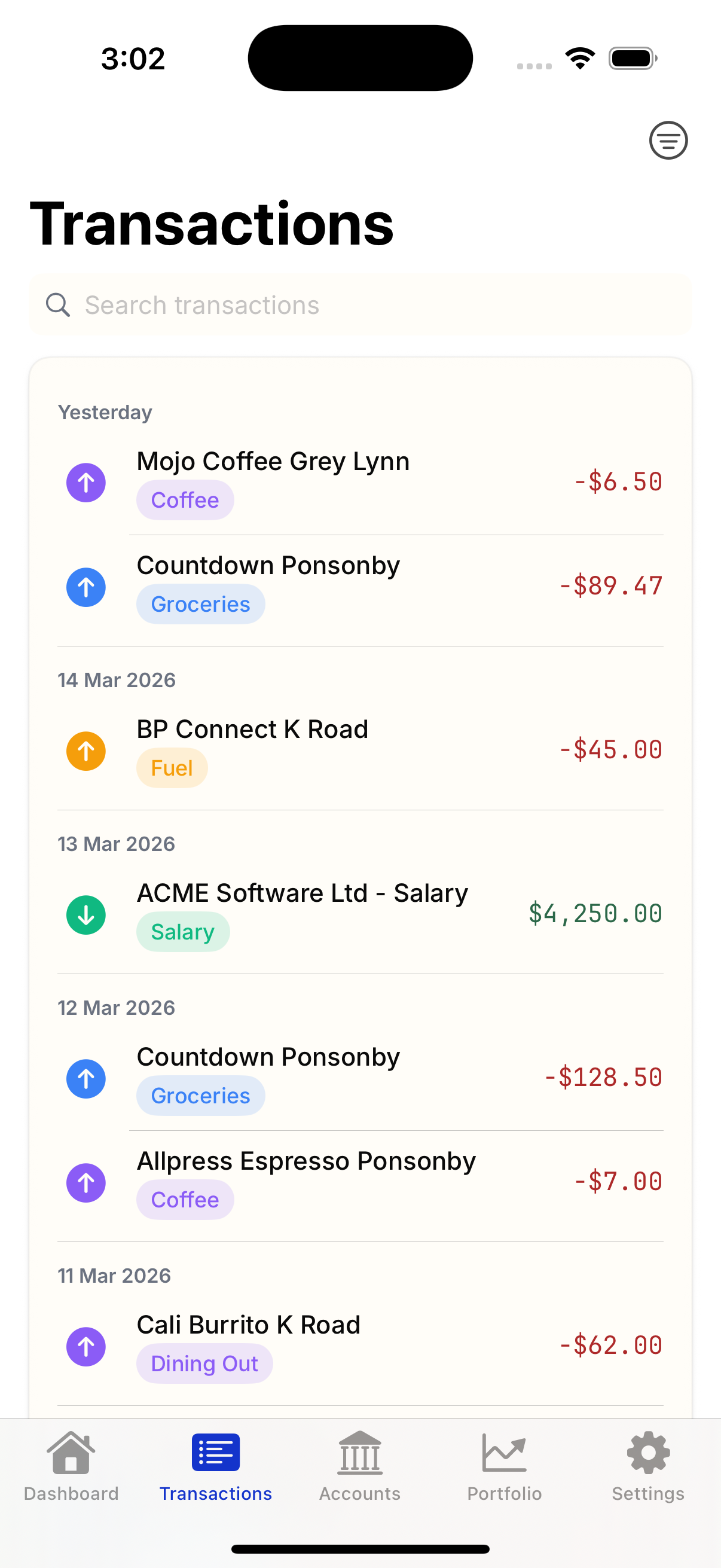 Transactions on iOS with tag badges