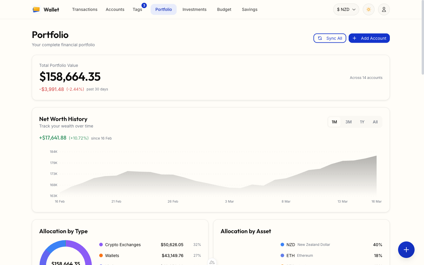 Portfolio view showing net worth, allocation charts, and account balances