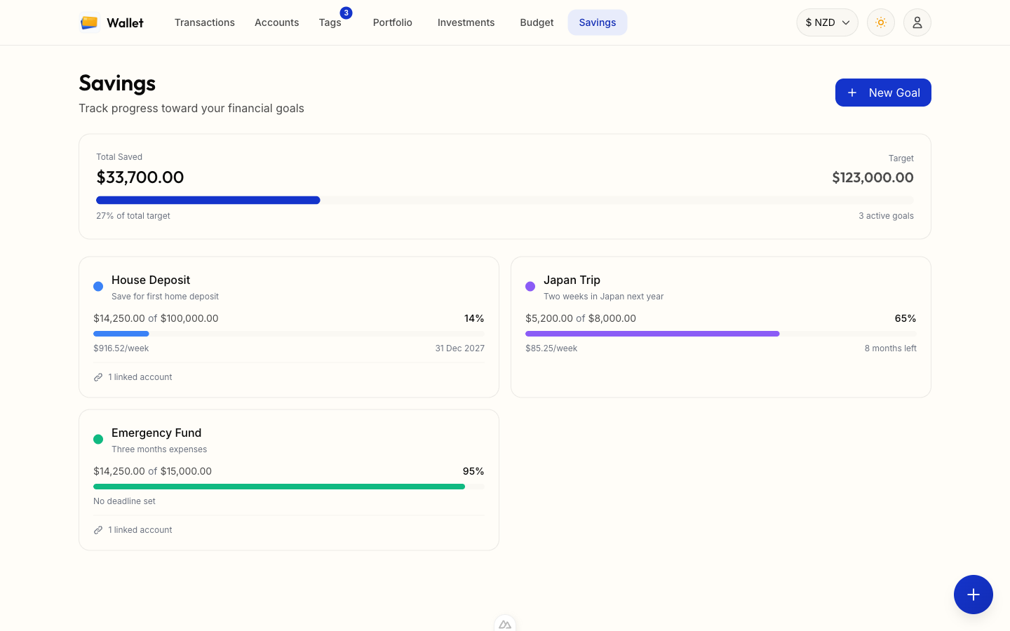Savings goals with progress bars, deadlines, and linked accounts