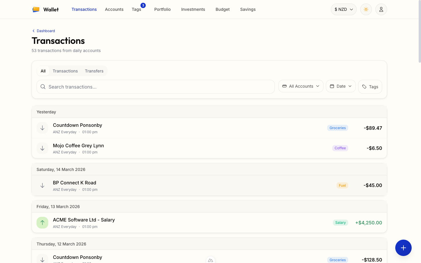Transaction list with tags, filters, and search